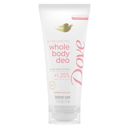 Dove whole body deodorant cream tube with pink flower graphic and raspberry & rose scent