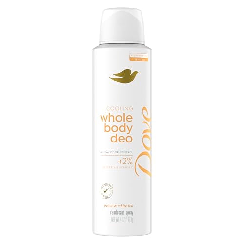 Deodorant cooling spray bottle, white cap and label text with peach-and-gold design