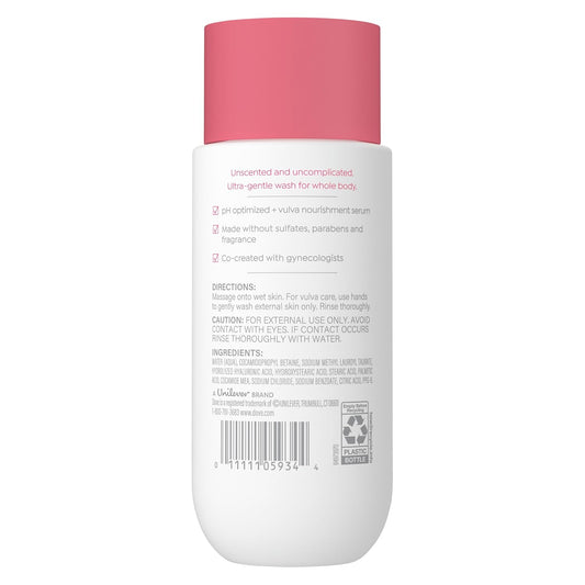 Dove whole body wash bottle, back label side with pink cap and white bottle