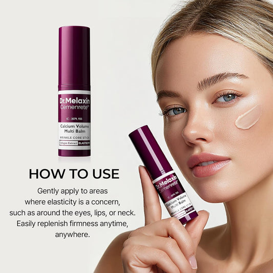 Dr.Melaxin balm stick held near face, purple-and-beige tube