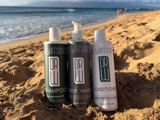 Dr. Watson's trio of bottles: shampoo, body wash, and conditioner with pump caps