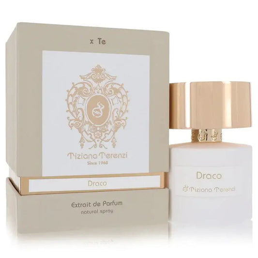 Draco extrait de parfum bottle with gold cap and matching beige box, by Tiziana Terenzi