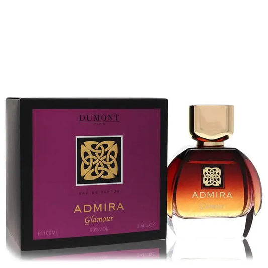 Women’s perfume bottle with amber-red liquid, gold cap, and purple logo box