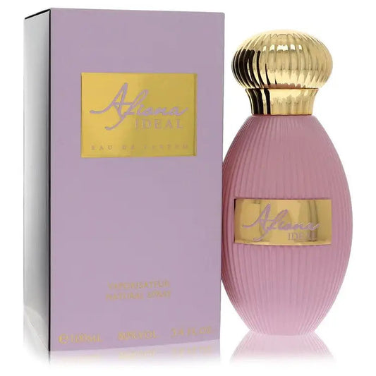 Women’s perfume bottle with gold cap and pink ribbed body, shown with lavender box