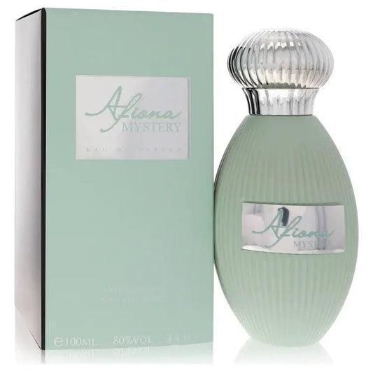 Women’s eau de parfum bottle and matching box, pale green glass with silver cap.