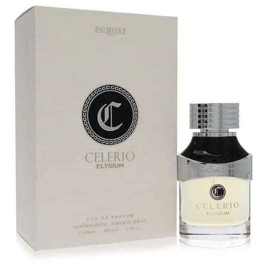 Perfume bottle with silver ribbed cap beside fragrance box, Celerio Elysium label