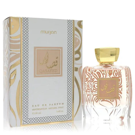 Murjan Qasayed Eau de Parfum bottle with gold cap and matching box