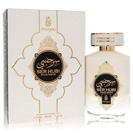 Perfume set with front white bottle, gold cap, and matching Ser Hubi box