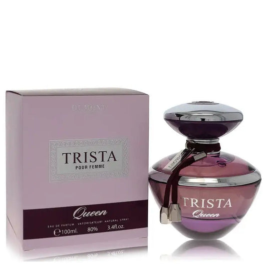 Trista Queen women’s perfume set: purple bottle with silver cap and pink box.