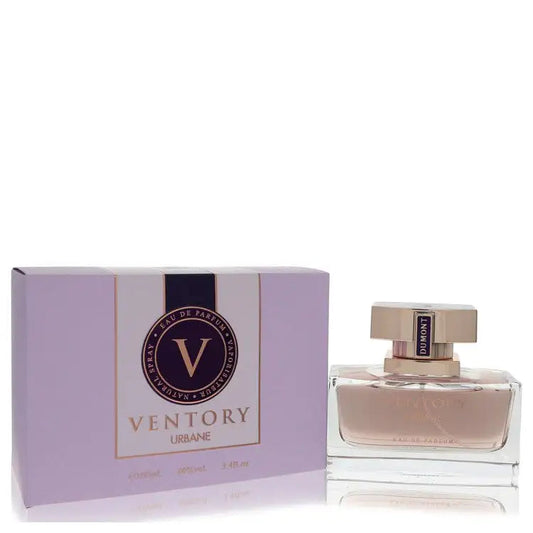 Dumont Ventory Urbane women's perfume bottle with gold cap and purple gift box