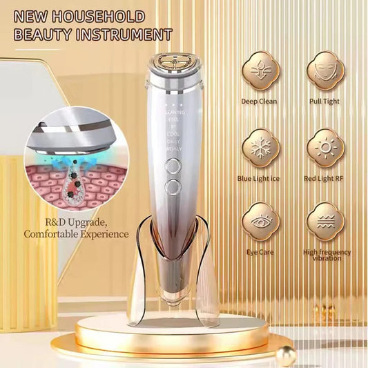 Silver facial massager device with round metal head and two-tone body on stand