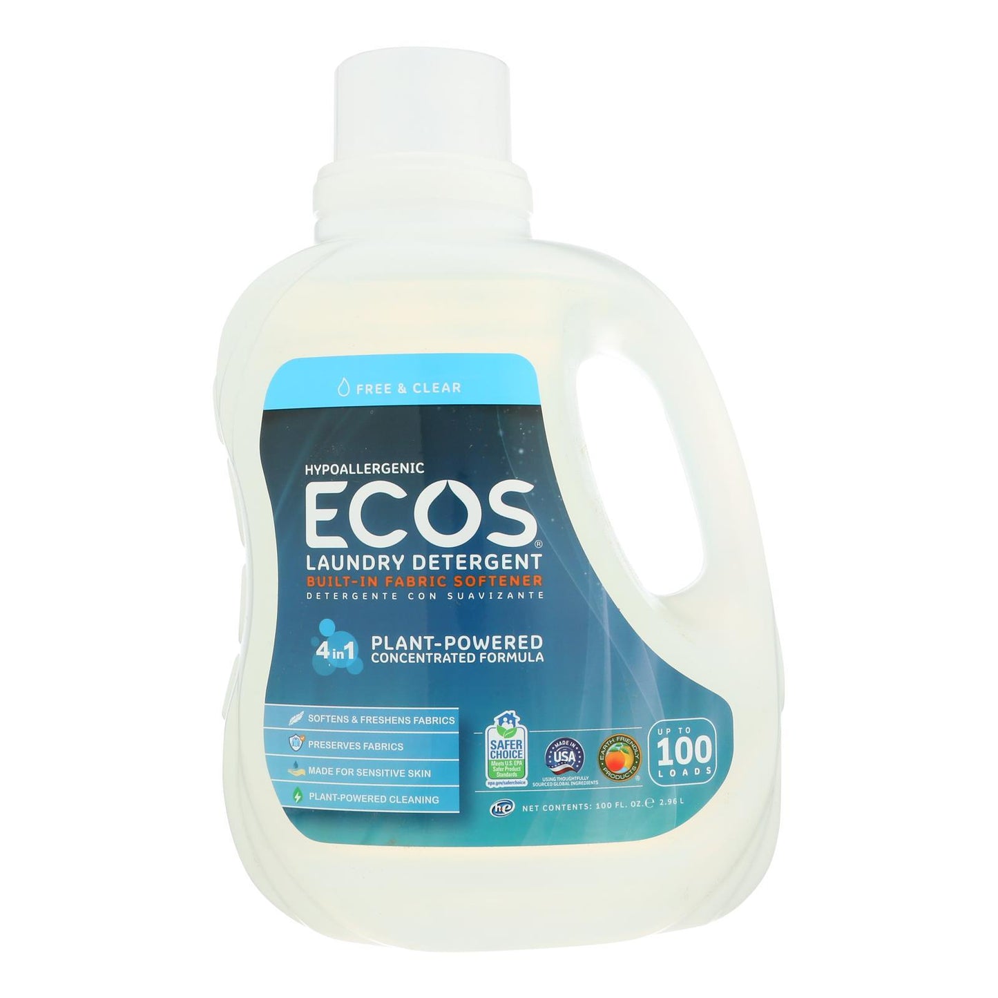 Earth Friendly Ecos Ultra 2x All Natural Laundry Detergent - Free And Clear - Case Of 4 - 100 Fl Oz - Renee Lane Company