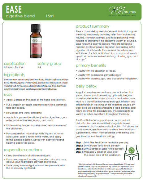 Green product label panel for digestive essential oil blend with usage, ingredients, safety info