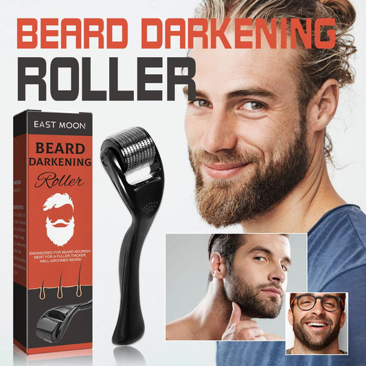 Beard roller with black handle and silver cylinder, shown with East Moon beard box