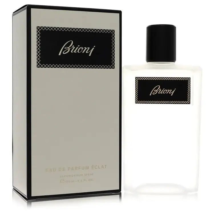 Men's Brioni Eclat cologne bottle with black cap and Brioni label, with box.