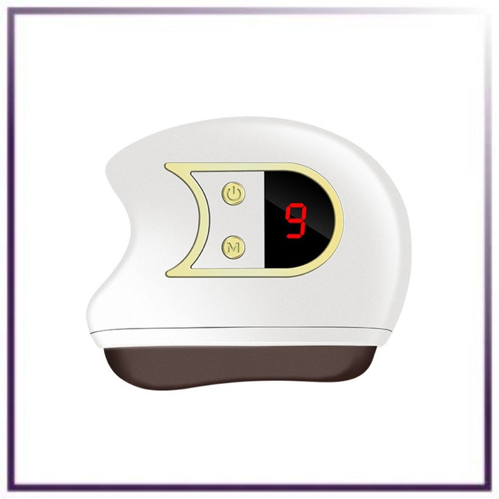Electric gua sha facial sculpting device, white body and dark base with red 3 display
