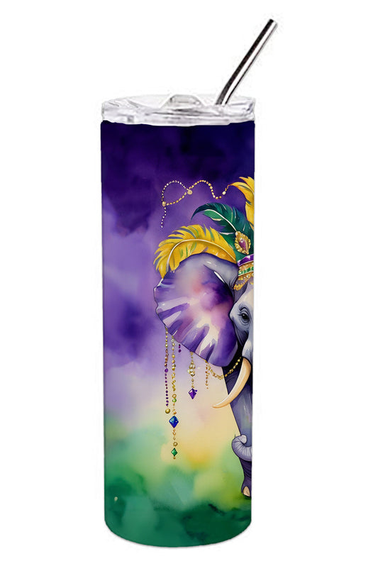 Mardi Gras elephant tumbler with clear lid and black straw, purple/green
