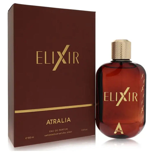 Elixir by Atralia eau de parfum gift set, amber bottle with textured gold cap