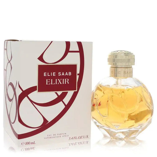Elie Saab Elixir eau de parfum bottle with gold cap beside matching box