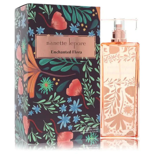 Women's Eau de Parfum set: floral illustrated box and clear bottle with pink spray cap