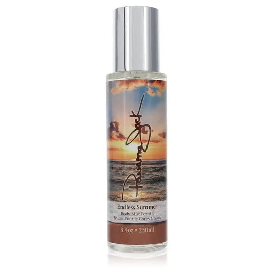 Perfume spray bottle with metallic cap, sunset beach design and text label