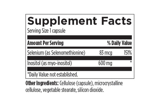Supplement Facts label for 1 capsule: selenium 83 mcg, inositol 600 mg