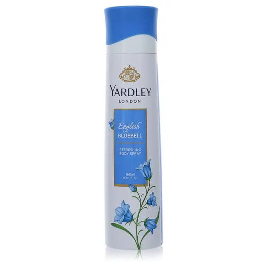 Yardley London Bluebell body spray bottle, blue cap and floral label artwork