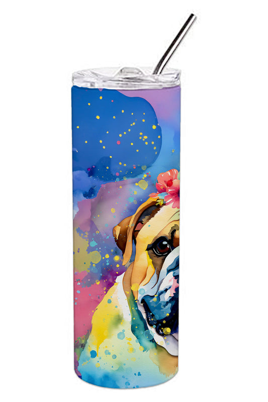 20 oz skinny stainless steel tumbler with lid and straw, blue watercolor bulldog side view