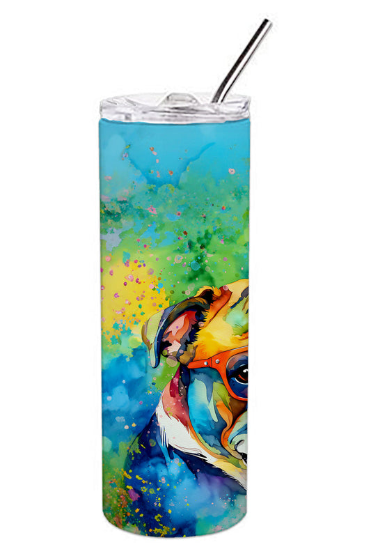 Stainless steel skinny travel tumbler with colorful dog artwork, clear lid and black straw