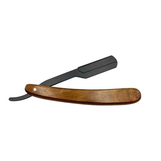 Wood-handled shavette razor with black blade and exposed double-edge blade