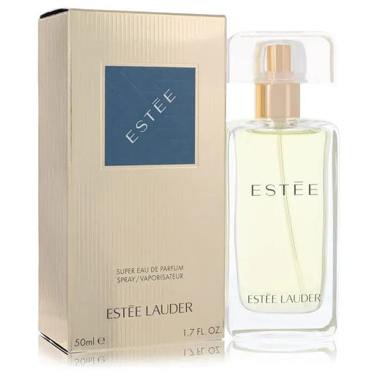 Women's perfume spray bottle with gold cap and beige box, front view