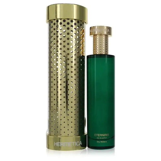 Women's perfume set: tall gold perforated bottle and small green glass bottle, gold stopper