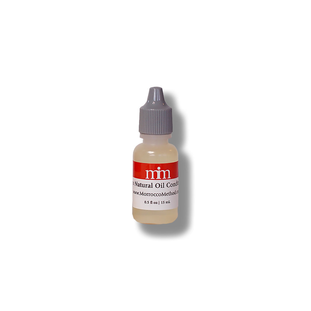 Oil conditioner dropper bottle, beige liquid with purple ribbed cap