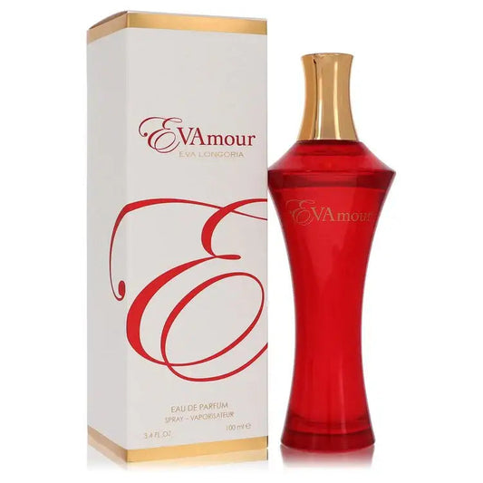 Women's Evamour perfume bottle and box, red glass bottle with gold cap
