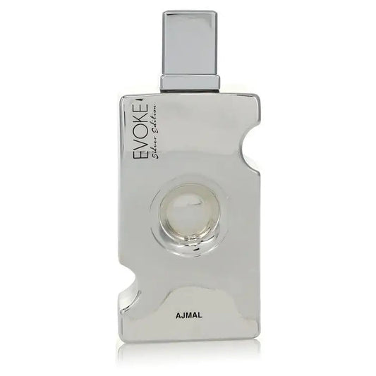 Women's perfume bottle, front label reading Evoke, silver cap and white body