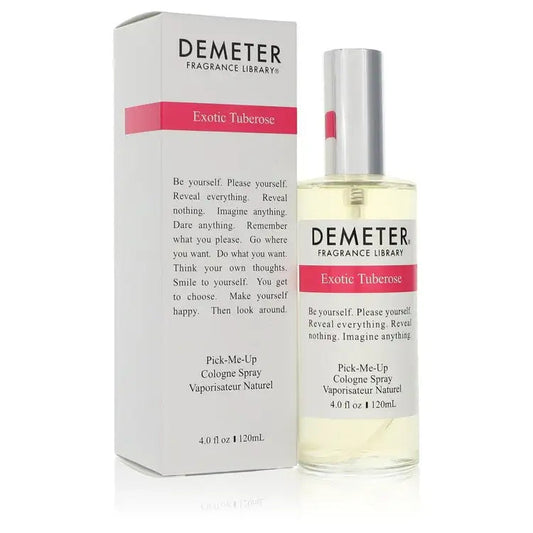 Tuberose cologne spray bottle with silver cap and label, shown with matching box.