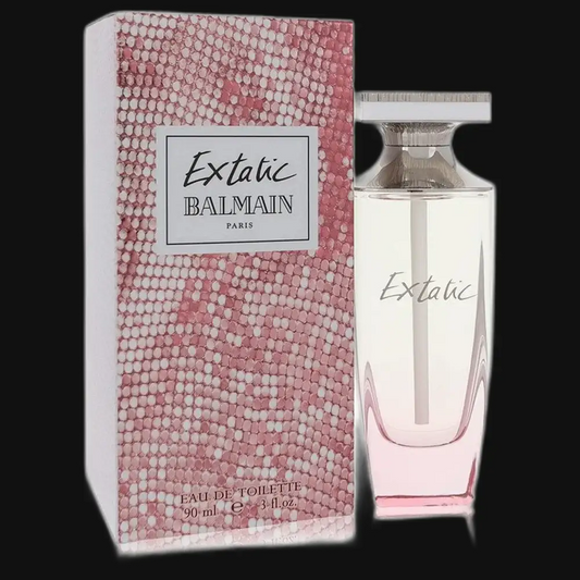 Extatic Balmain Eau de Toilette with pink mosaic-style box and tall clear spray bottle