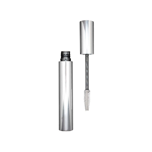 Clear eyebrow gel with wand applicator extended from metallic silver tube