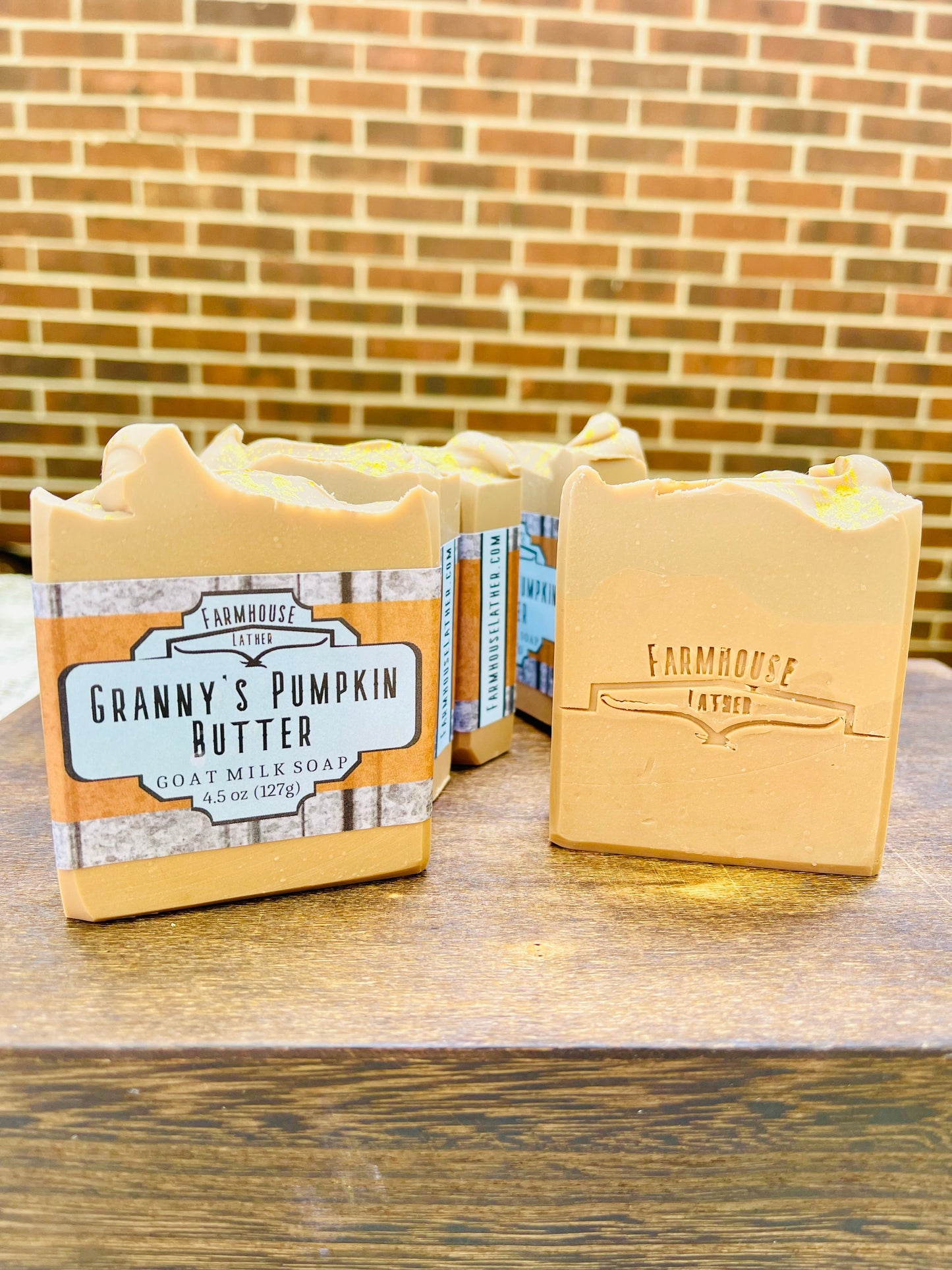 Granny's Pumpkin Butter soap bars with blue label on beige rectangular packages