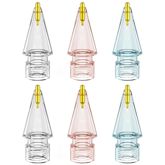 Six replacement stylus tips in clear, pink, and blue with gold top