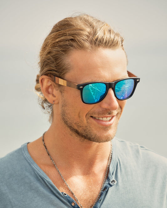 FORREST polarized sunglasses, black frame, brown arms, blue mirrored lenses