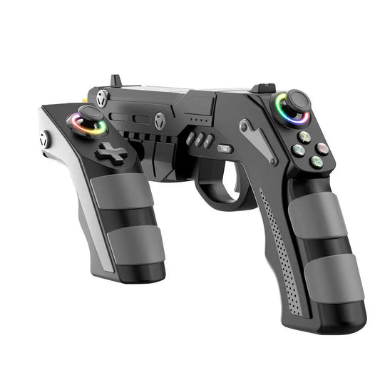 Black pistol-style phone FPS game controller with glowing thumbstick rings