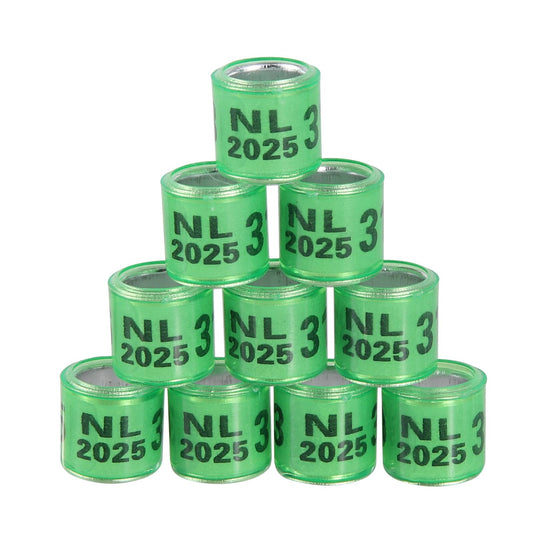Stacked green pigeon leg bands with NL 2025 3 markings on plastic rings