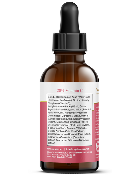 Vitamin C facial serum bottle with black dropper, back label with ingredients panel