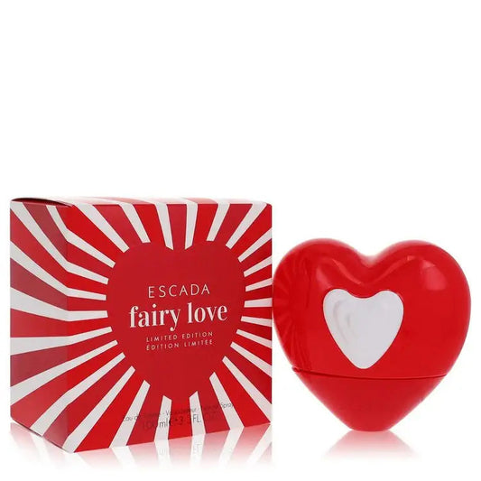 Escada fairy love perfume with red heart-shaped bottle and boxed package