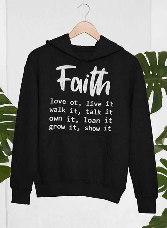 Black hoodie with Faith text and motivational quote graphic on front