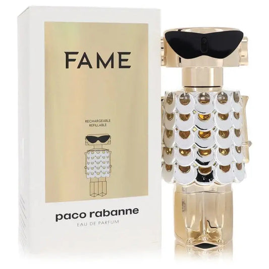 Women’s Fame eau de parfum box and decorative bottle with gold cap and scalloped pattern