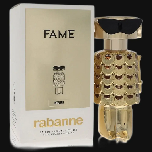 Fame Intense perfume bottle with gold cap, black top, and gold scalloped texture