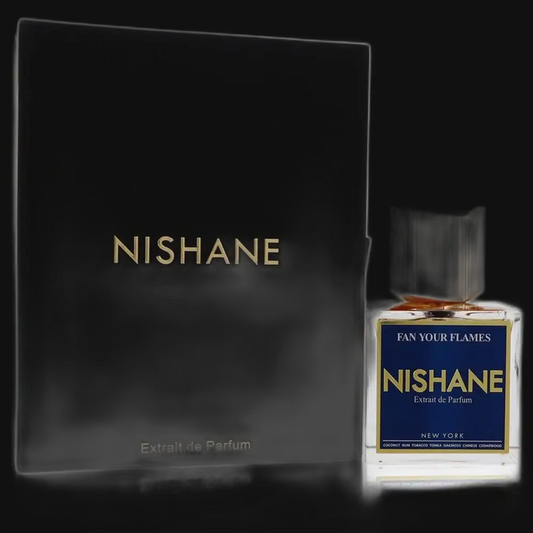 Nishane Fan Your Flames extrait de parfum bottle with gold cap beside black box