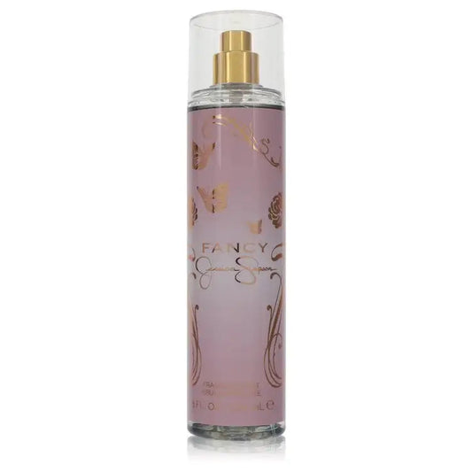 Fancy fragrance mist bottle with gold spray top, pink glass and decorative swirl patterns